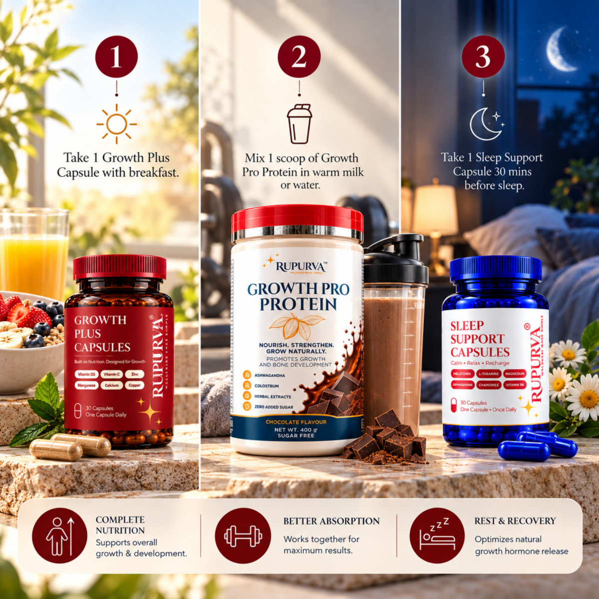 Ultimate Growth Stack | Day & Night Wellness Stack | Daily Nutrition Bundle - Rupurva | Wellness made Simple
